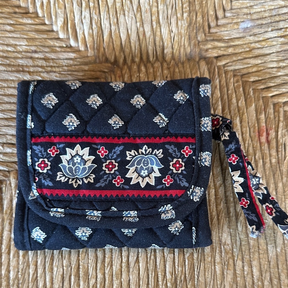 Vera Bradley black Quilted Floral Wristlet Wallet with Red Accents